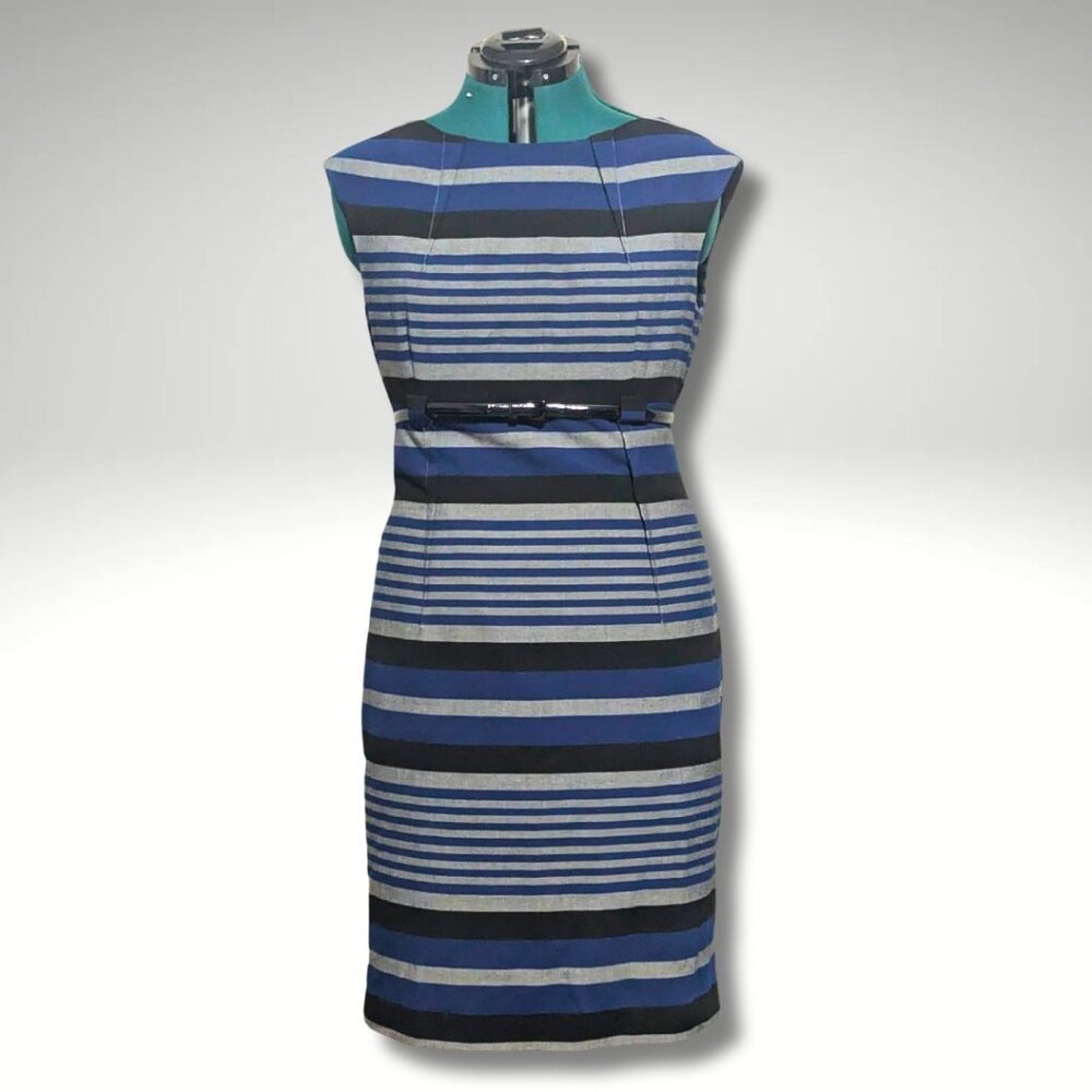 Calvin Klein Cap Sleeve Striped Belted Sheath Dress sz 12